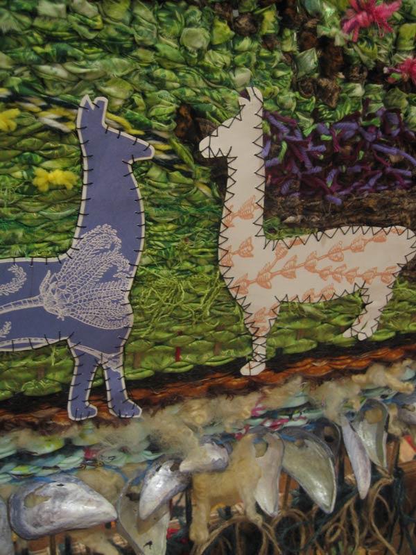 Paper llamas added to the EarthLoom weaving